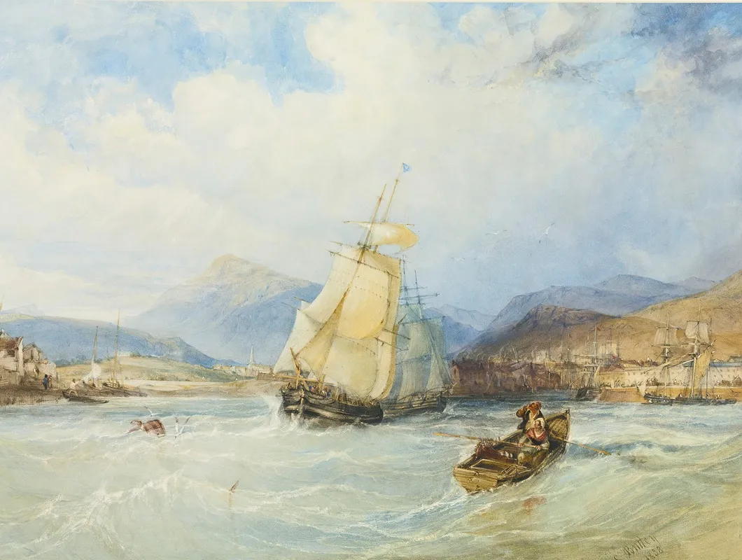 Ships Off A Town In A Mountainous Landscape by Charles Bentley - Canvas Print