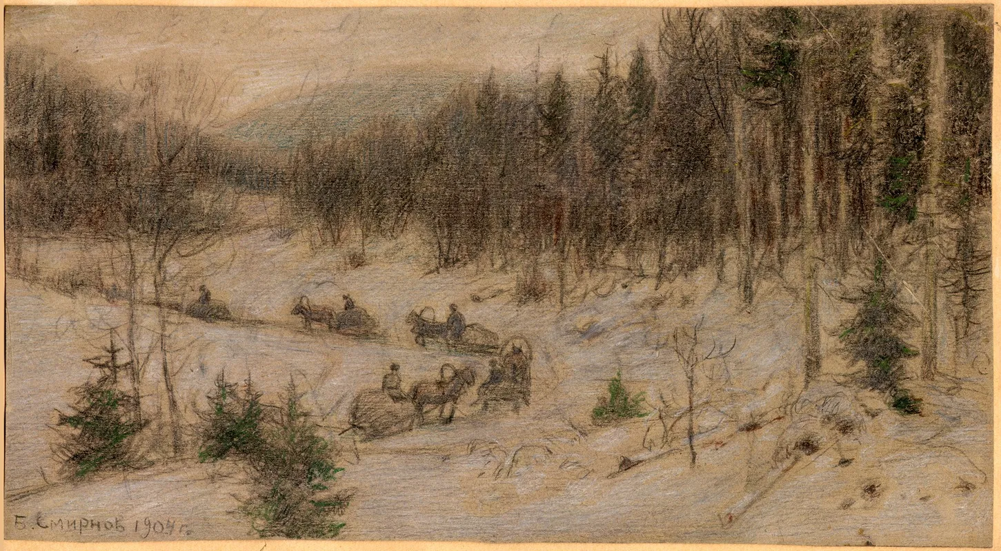 Siberian Road In Winter A String Of Carts Going From Rasseia To The Krasnoyarsk Region by Boris Vasilievich Smirnov - Canvas Print