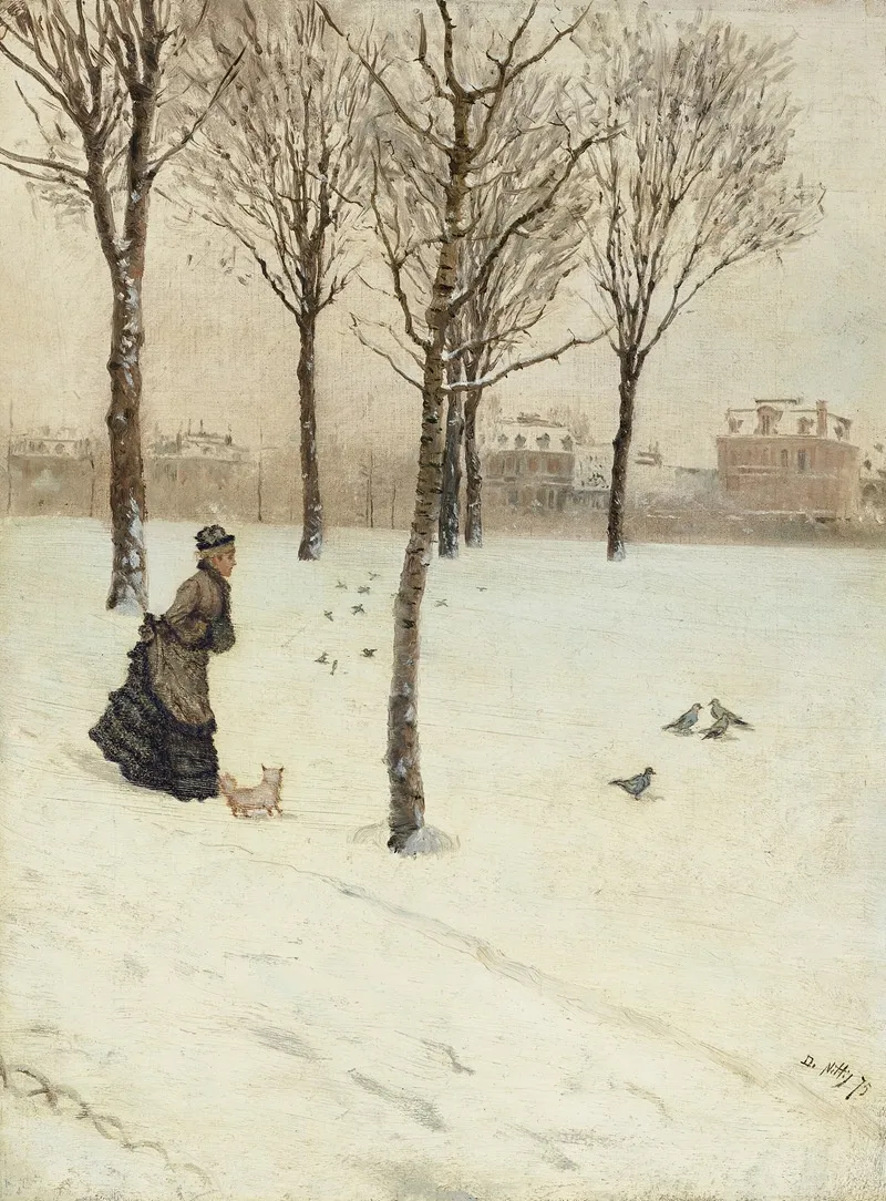 Signora Sulla Neve Con Cagnolino by Giuseppe De Nittis - Canvas Print