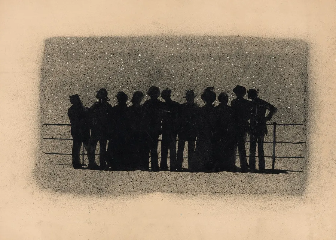 Silhouettes Of Eleven Figures Standing By The Rail Of A Ship Looking At The Stars by Milton J. Burns - Canvas Print
