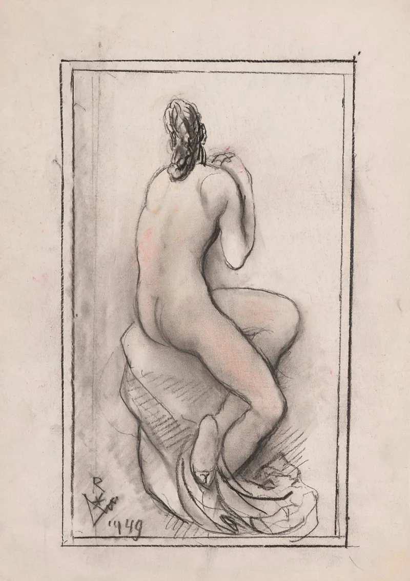 Sitting Nude Woman Seen From Behind by Victor Rousseau - Canvas Print
