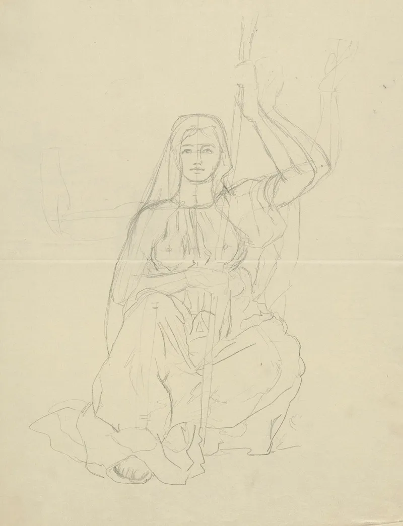 Sitting Woman In A Long Antiquate Robe Holding A Stick In Her Hands Design For A Bookplate