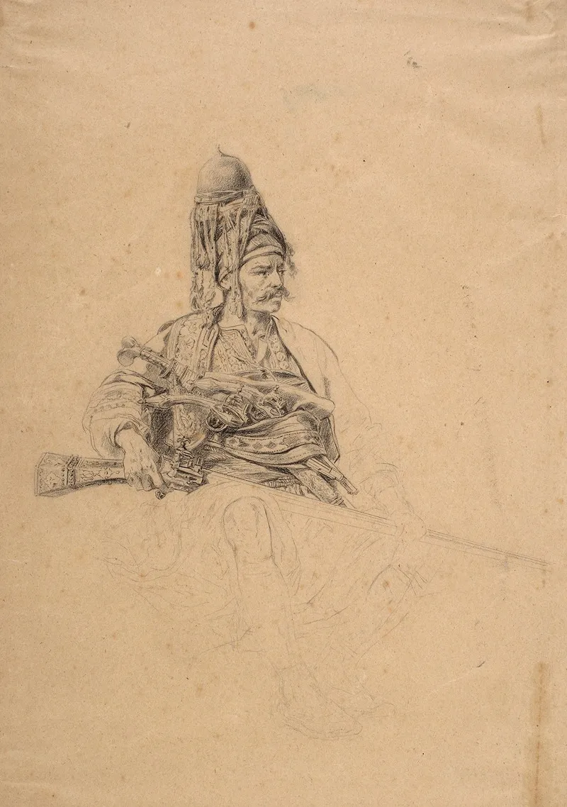 Sitting Zeybek With A Rifle Study For The Painting by Stanisław Chlebowski - Canvas Print