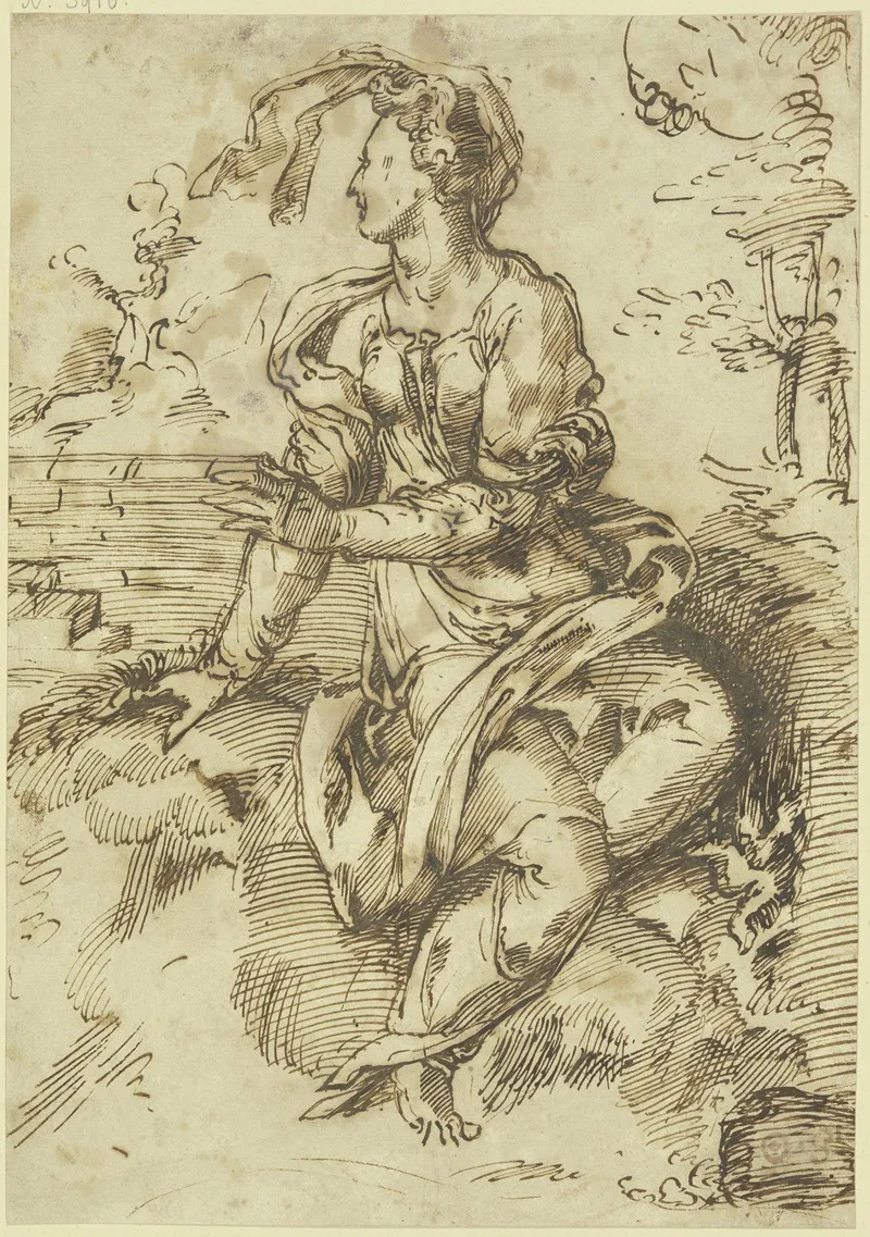 Sitzende Frau Mit Fliegendem Schleier In Einer Landschaft Nach Links Gewandt by Baccio Bandinelli - Canvas Print