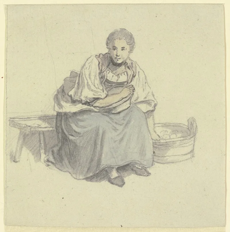 Sitzende Frau Mit Holzbutte
