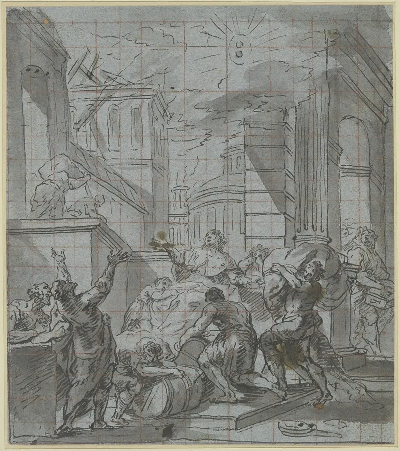 Sitzende Heilige Mit Ausgebreiteten Armen Zum Himmel Blickend In Den Mauern Einer Stadt by Christian Wink - Canvas Print