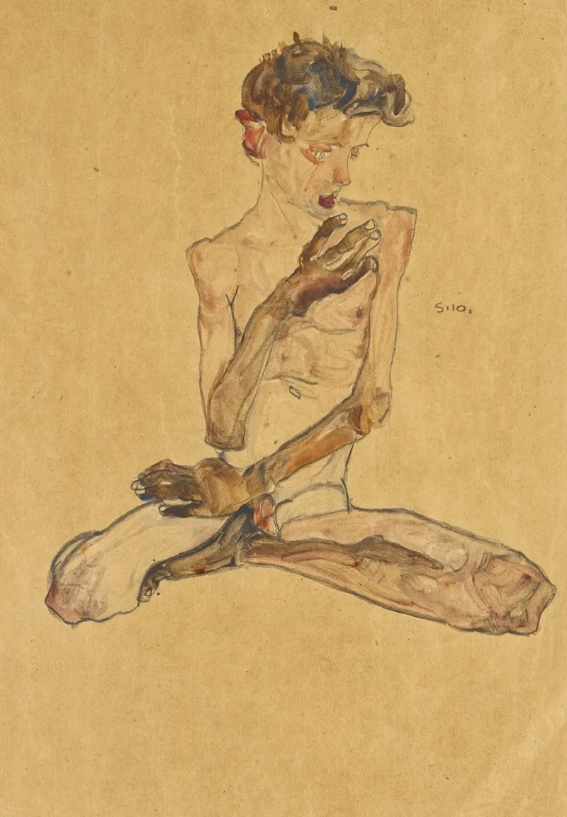 Sitzender Junge Seated Boy by Egon Schiele - Canvas Print