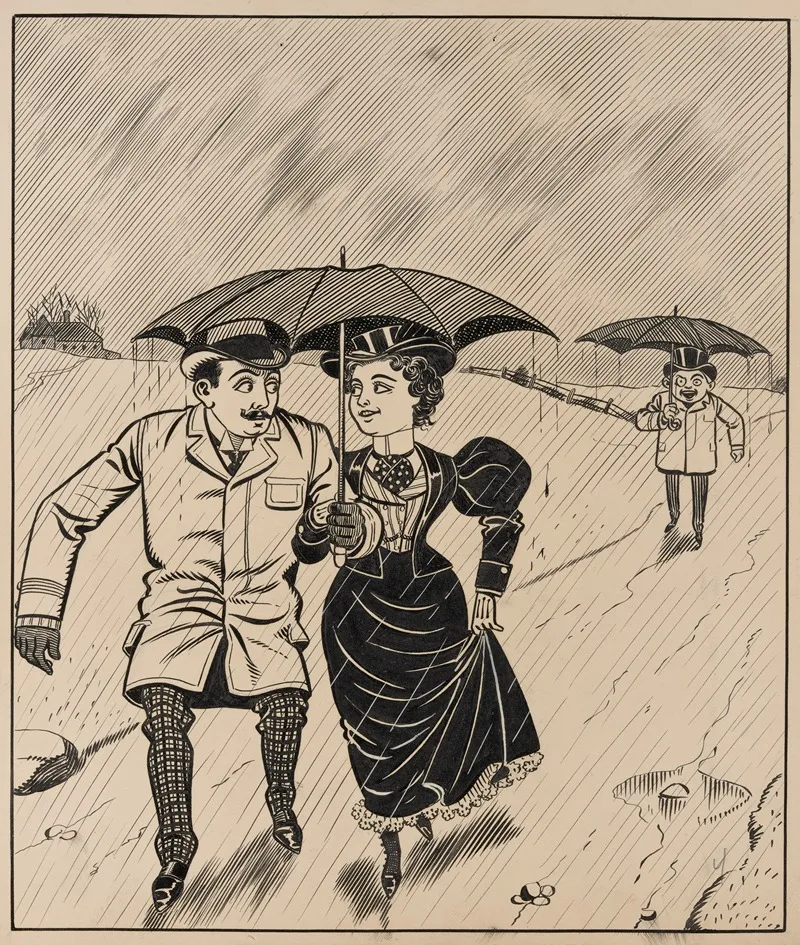 Six Comic Strip Frames Of Two Chivalrous Men With Woman In Rain Storm Pl 4 by Franklin Morris Howarth - Canvas Print