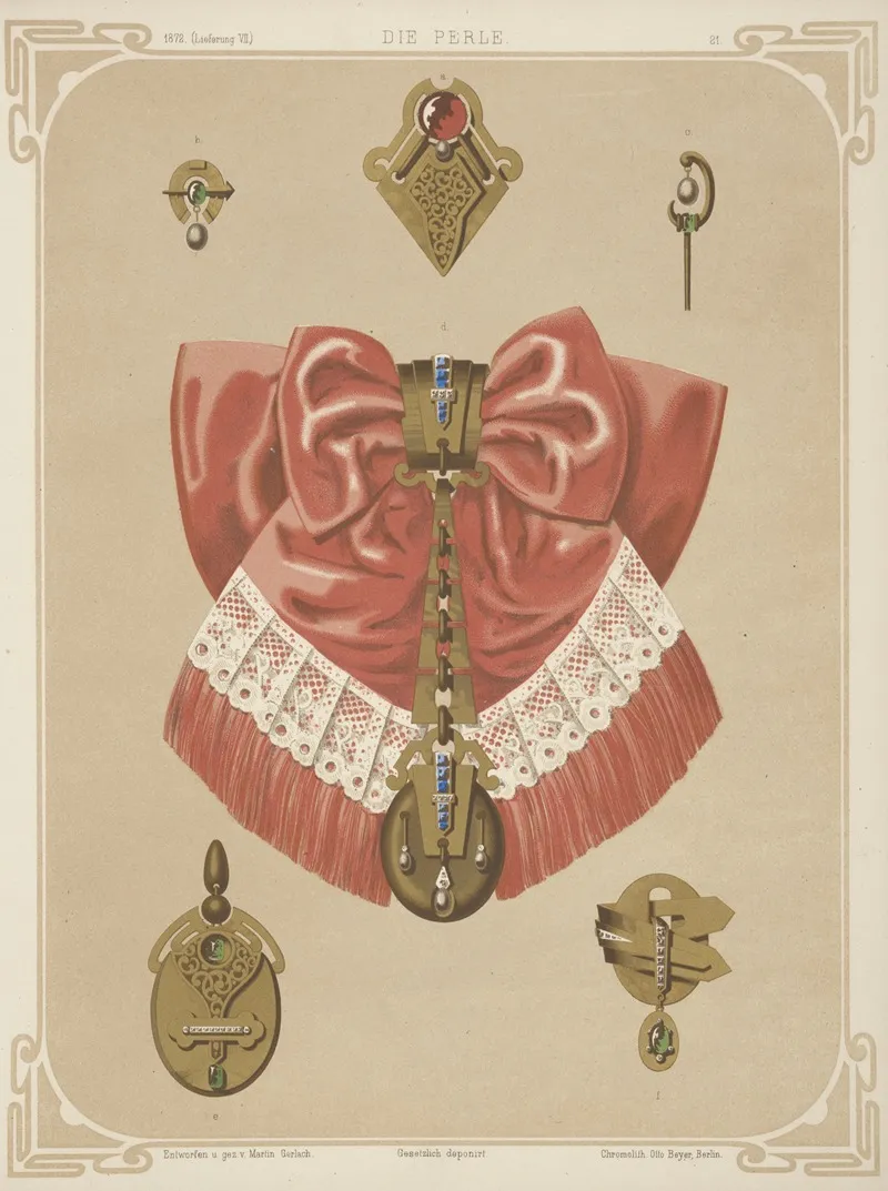 Six Designs For Jewelry Including Gold Brooch And Pendant With Pink And Lace Bow by Martin Gerlach - Canvas Print