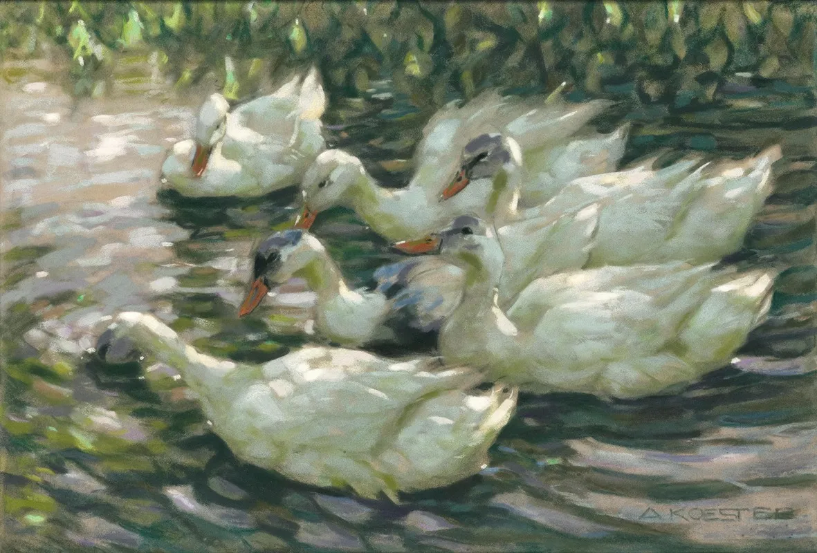 Six Ducks Under A Willow Tree by Alexander Koester - Canvas Print