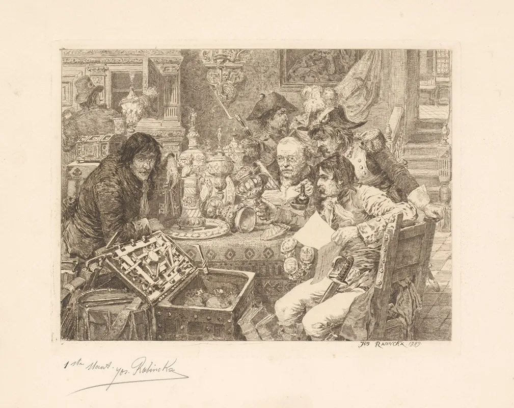 Six Men In An Interior Around A Table Viewing Lavish Tableware