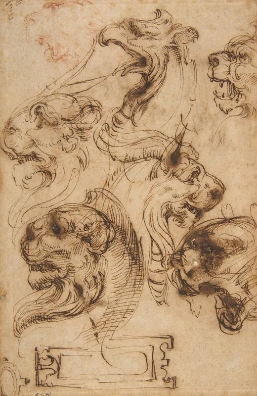 Six Studies Of Animal Heads And Of A Cartouche by Pellegrino Tibaldi - Canvas Print