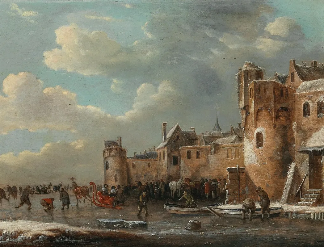 Skaters And A Horse Drawn Sleigh On The Ice Outside A Walled Town