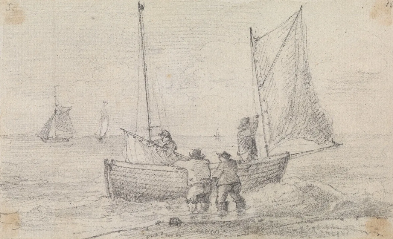 Sketch Of A Group Preparing The Sails Near The Shore Hastings