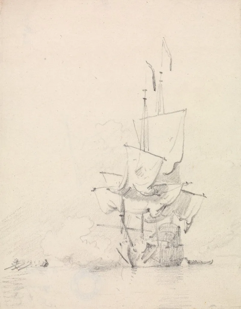Sketch Of A Man O War Firing Guns by Willem van de Velde the Elder - Canvas Print