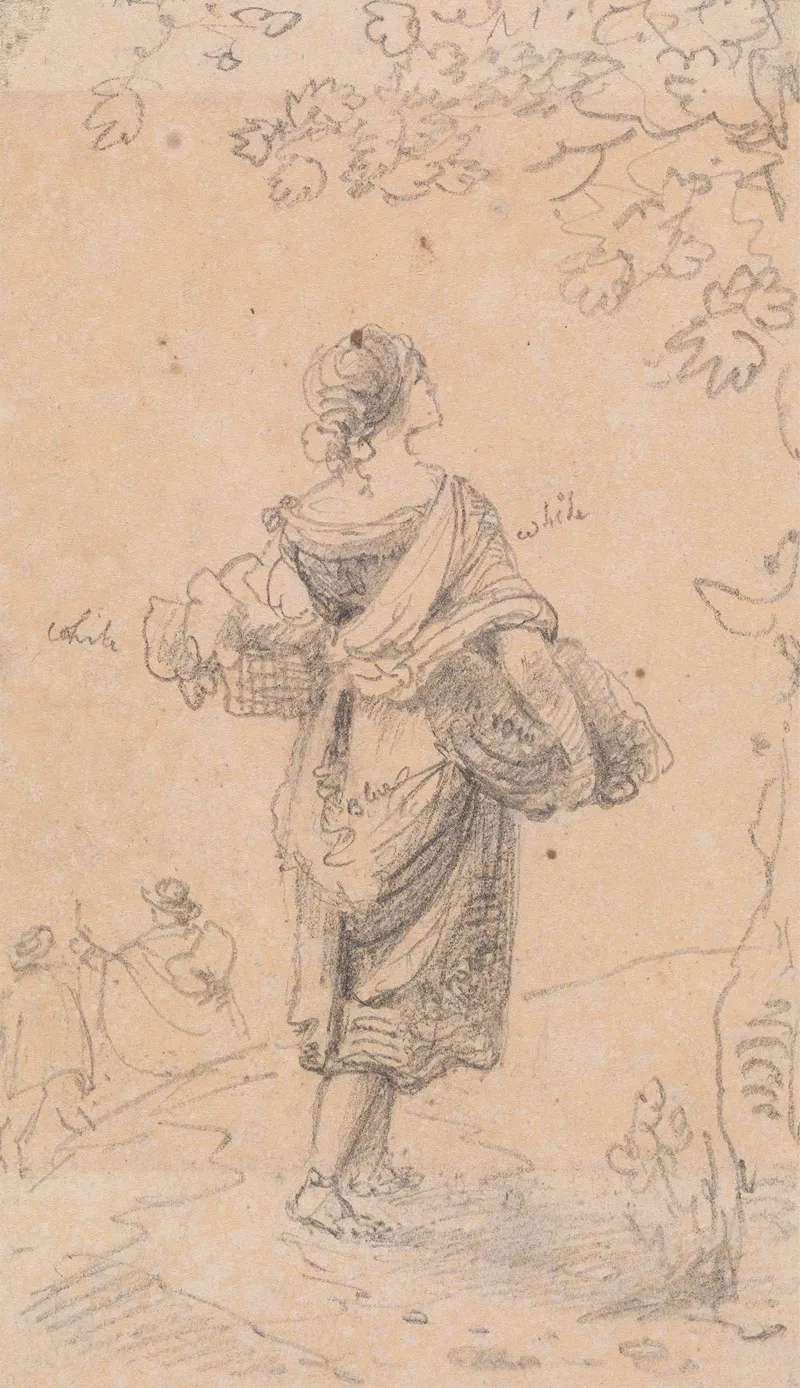 Sketch Of A Woman Carrying A Sack And A Basket