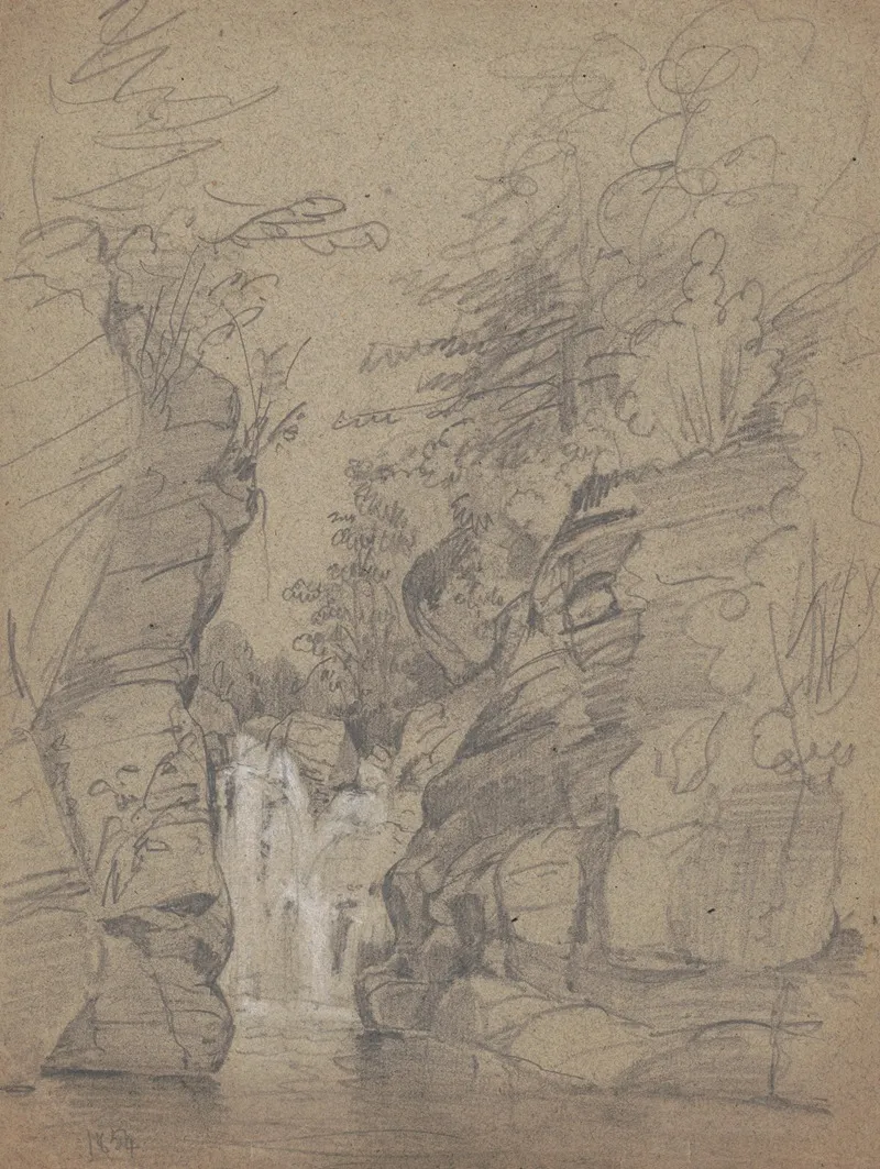 Sketch Of Cascade Visible Between Two Bluffs
