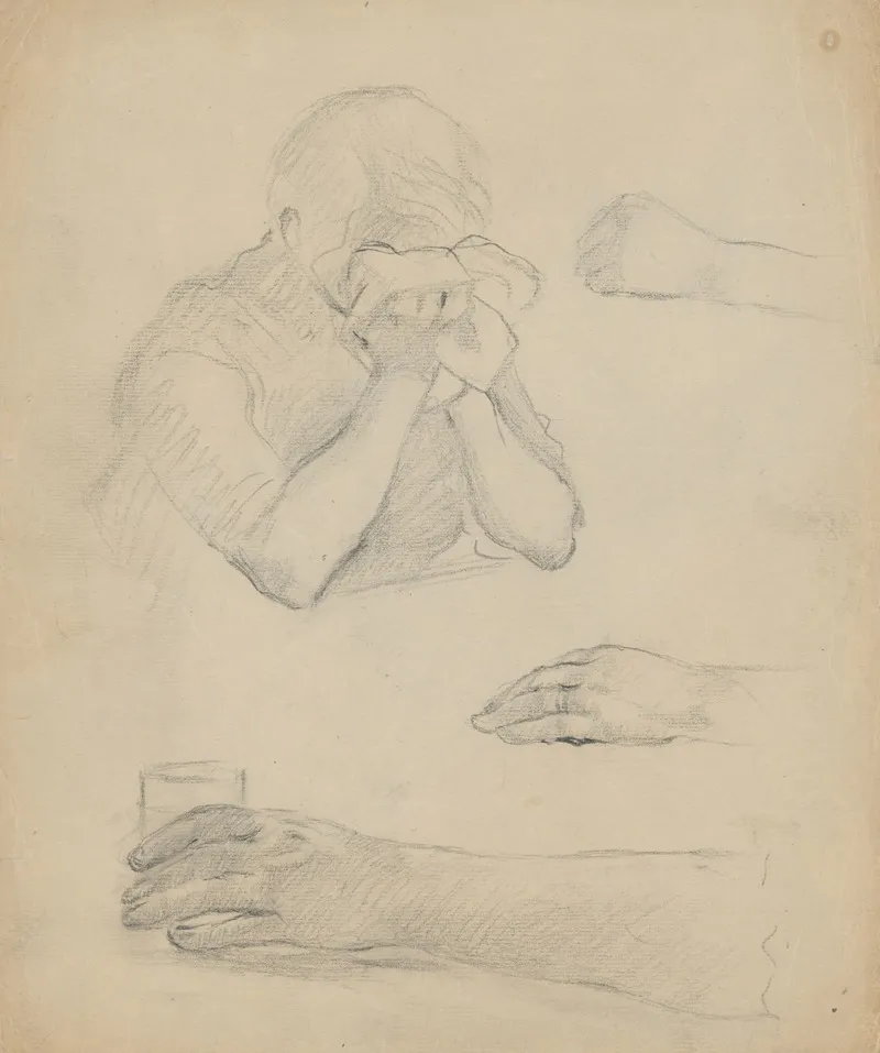 Sketch Of Crying Woman And Detailed Hands Study