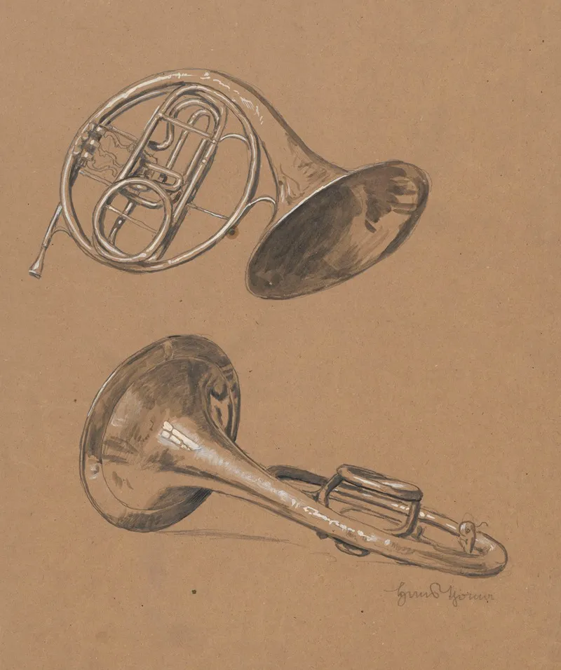 Sketch Of Two French Horns