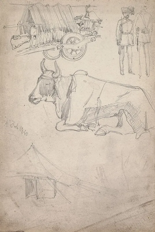 Sketches Of A Cart Soldiers And An Ox by William Simpson - Canvas Print