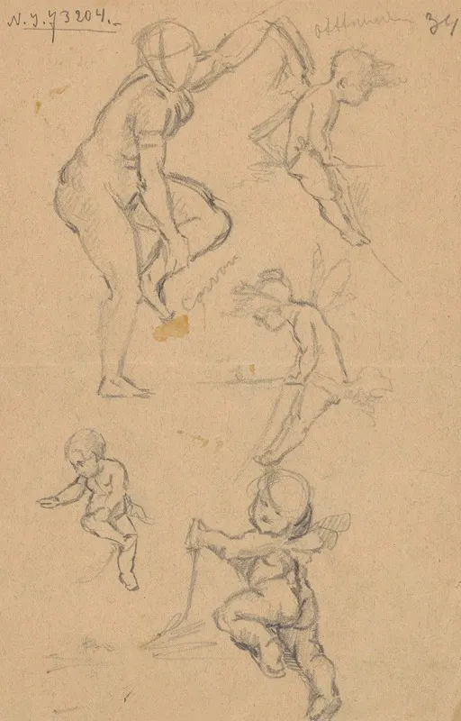 Sketches Of Four Puttos And A Nude Woman