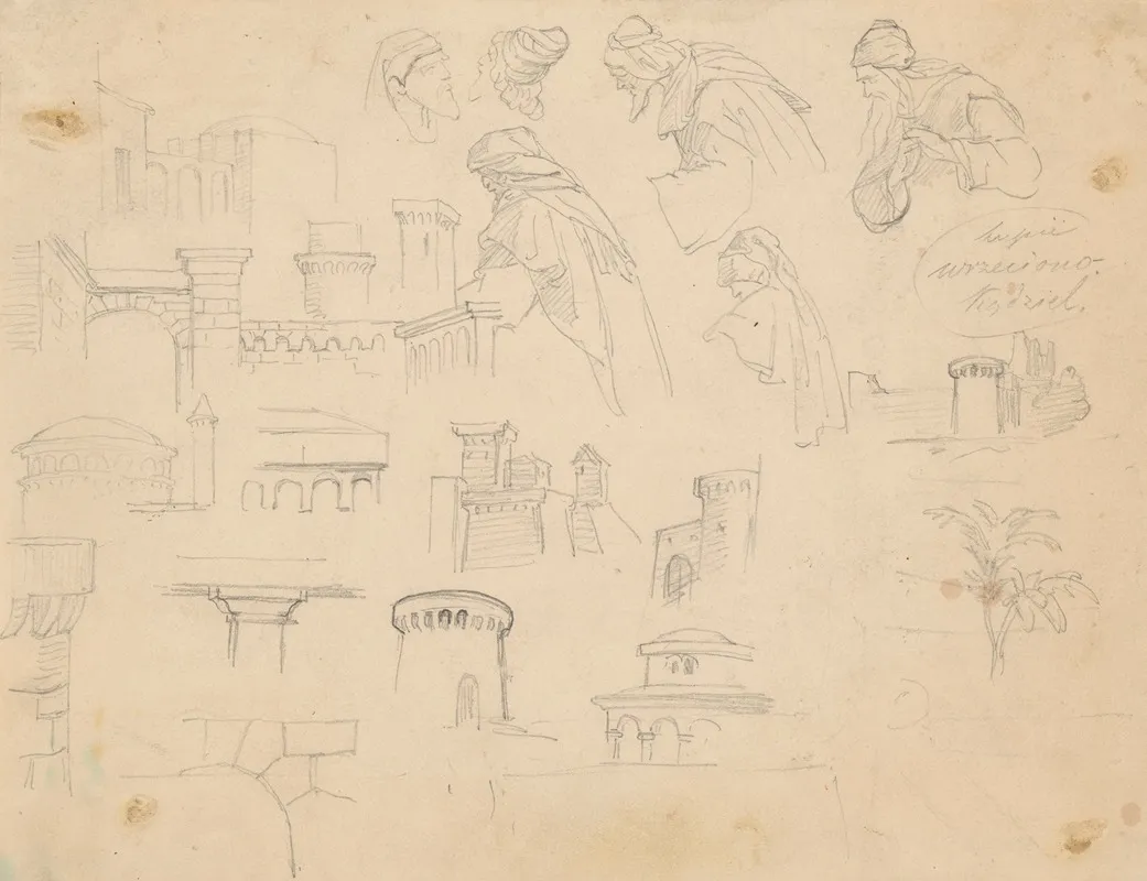 Sketches Of Medieval Defensive Structures And Male Figures With Turbans