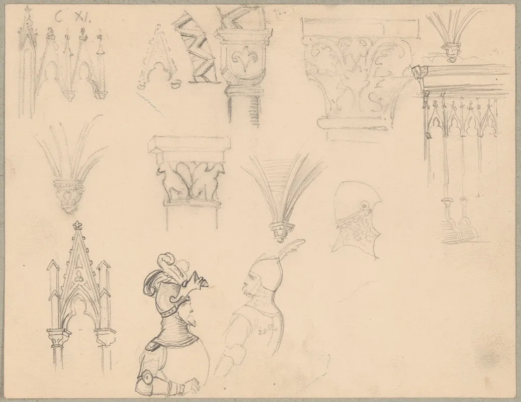 Sketches Of Roman And Gothic Architectural Details And Medieval Armour