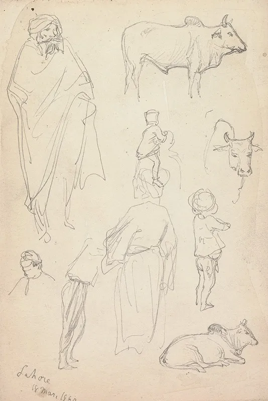 Sketches Of Standing Figures And Bulls Lahore by William Simpson - Canvas Print
