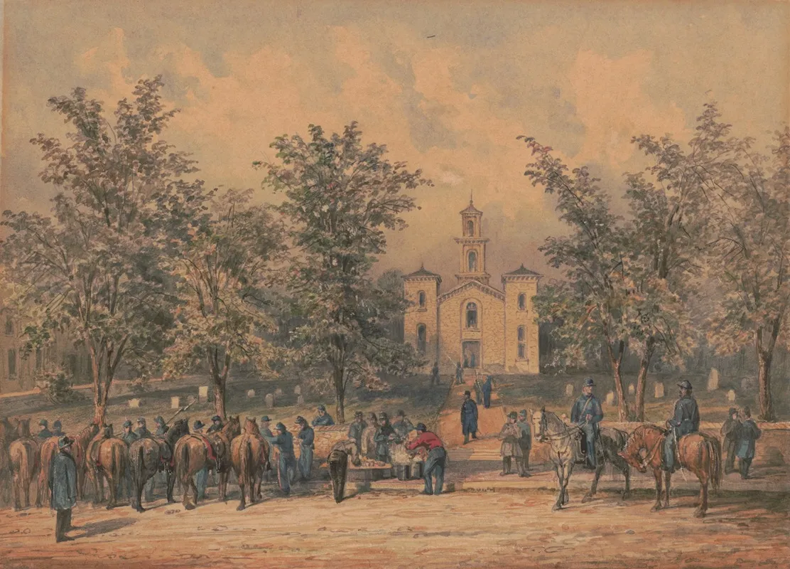 Sketches With Co B 8th Reg Pa Ma Under The Officers Of The Southwark Gaurd Breakfasting The Regulars by James Fuller Queen - Canvas Print