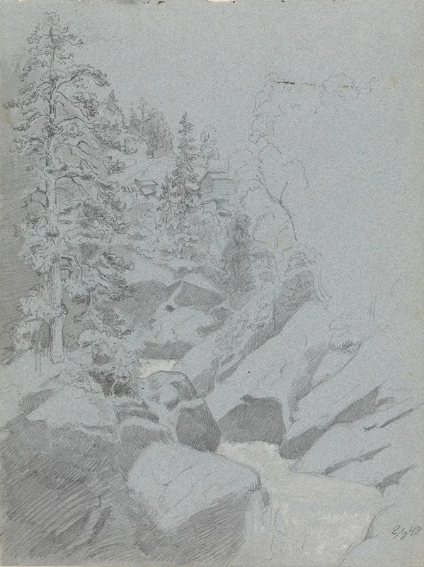 Skoginterior Med Foss Og Hus