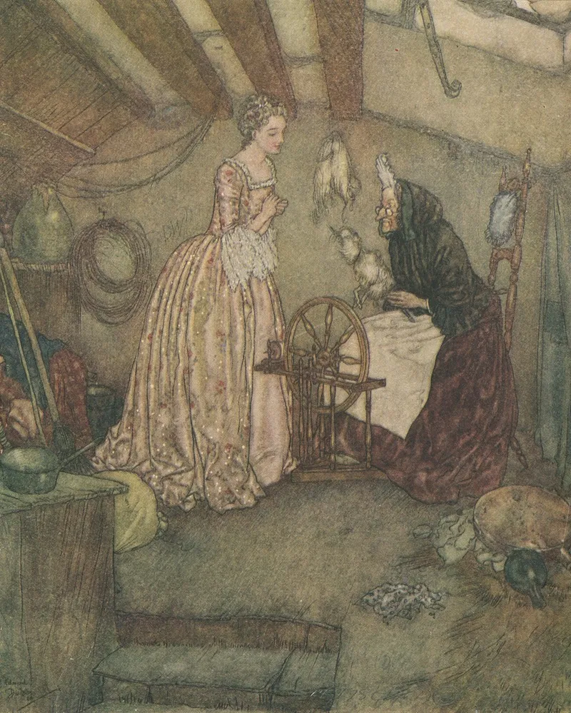 Sleeping Beauty Watching An Old Woman Spin