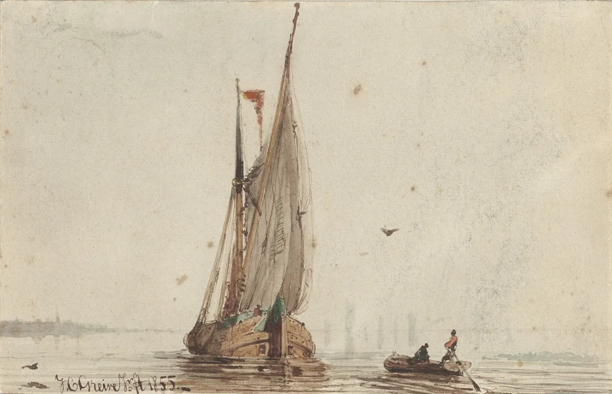 Sloep Bij Een Zeilschip Op Het Water by Johan Conrad Greive - Canvas Print