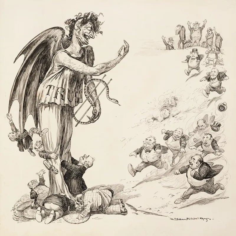 Small Men In Suits Run Towards A Demon Representing The Trusts And Kiss His Feet