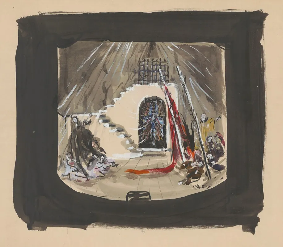 Sodome Et Gomorrhe Maquette De Decor Escalier Longeant Mur En Ruine Podium Avec Draperie Rouge by Christian Bérard - Canvas Print