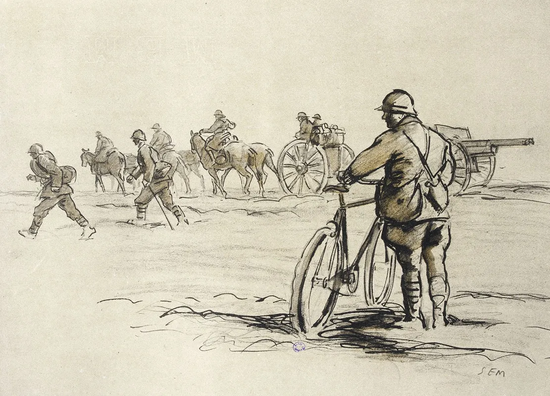 Soldat A Bicyclette Regardant Passer Un Convoi