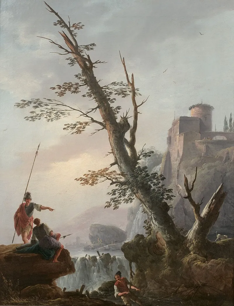 Soldats Et Pecheurs Dans Un Paysage De Cascade