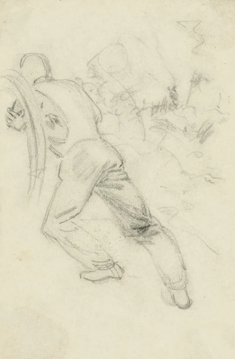 Soldier Pushing Against A Stuck Wagon Wheel