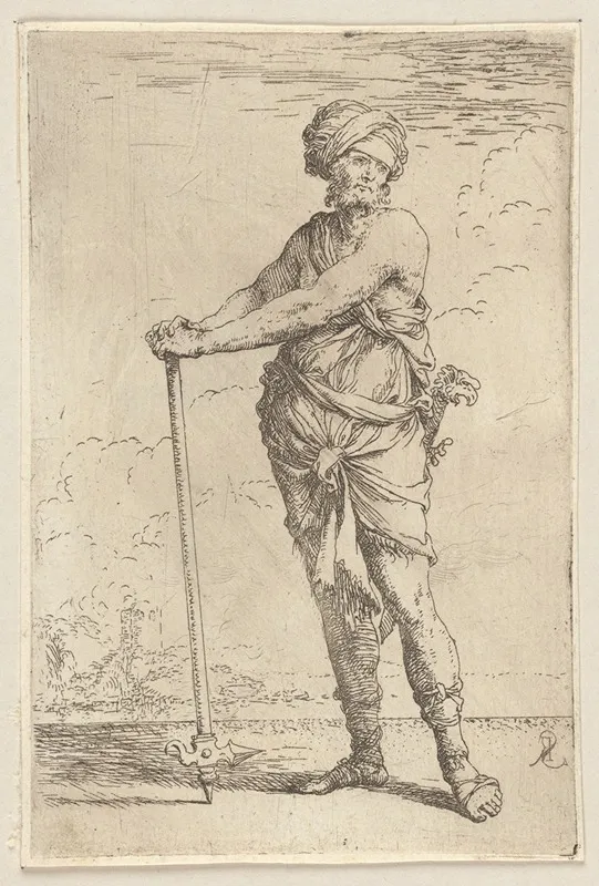Soldier Standing Holding A Pike With Both Hands