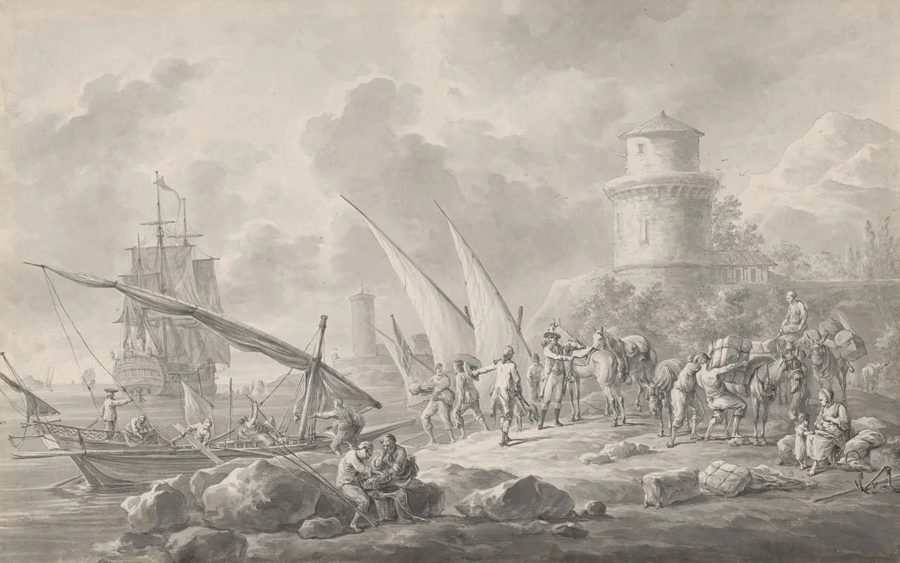 Soldiers Loading Barges For A Large Sailing Ship Along The Coast