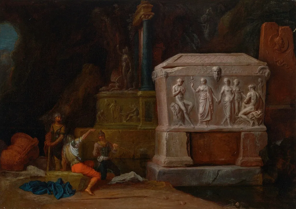 Soldiers Resting Near An Antique Sarcophagus With Apollo And Marsyas