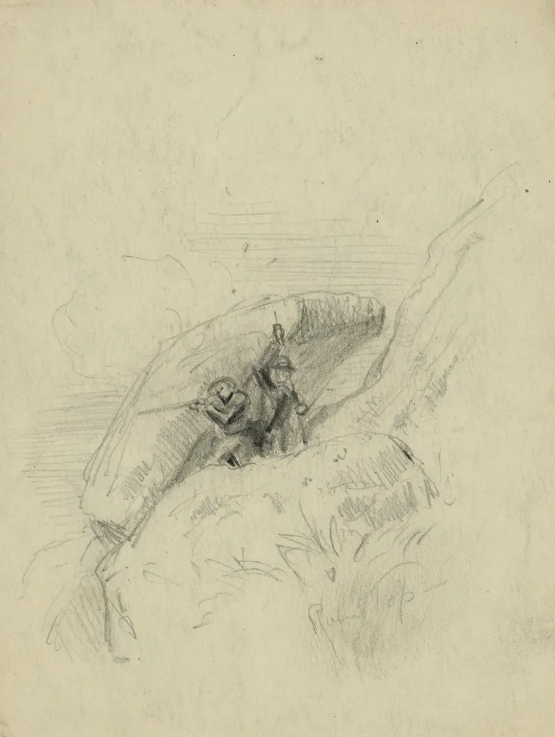 Soldiers Shooting From Behind Rock At Round Top