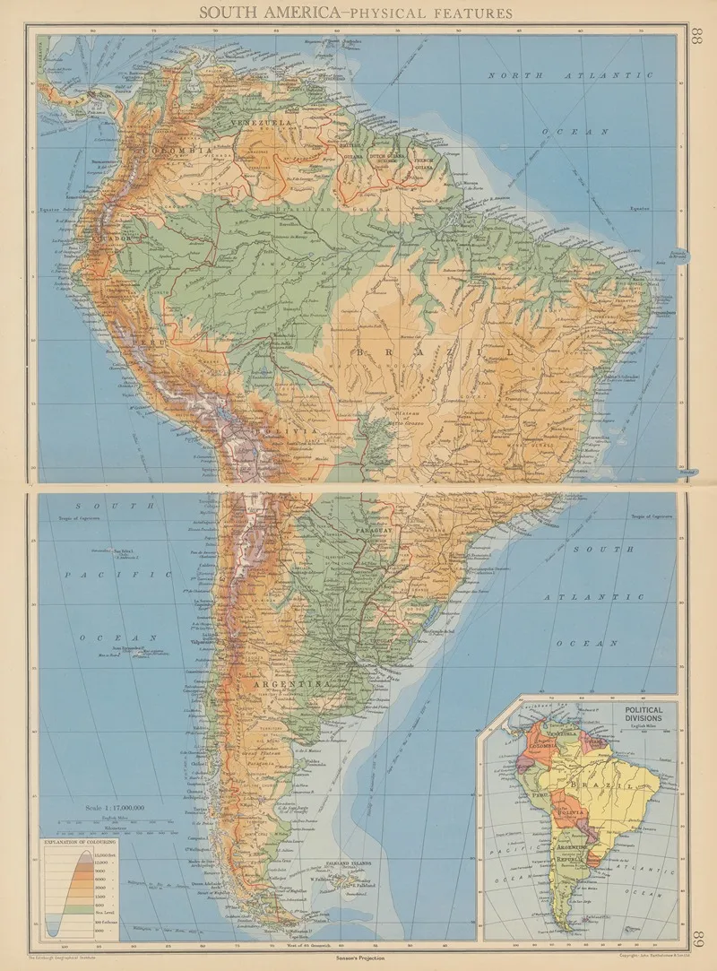 South America Physical Features by John George Bartholomew - Canvas Print