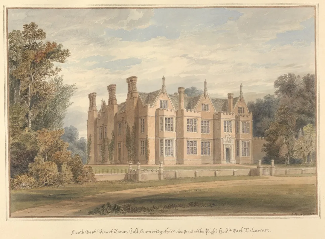 South East View Of Bourn Hall Cambridgeshire The Seat Of The Right Honble Earl Delawarr by John Buckler - Canvas Print