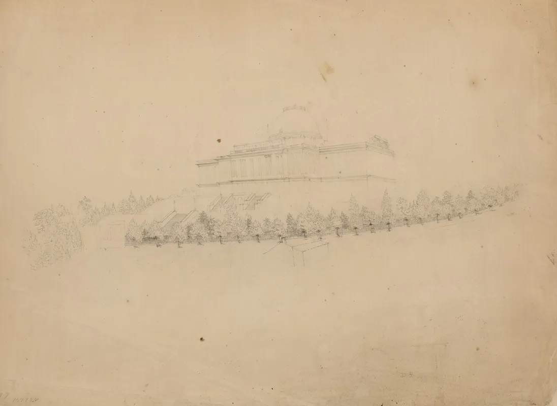 Southwest View Of The U S Capitol Building With Cast Iron Fence Preliminary Drawing