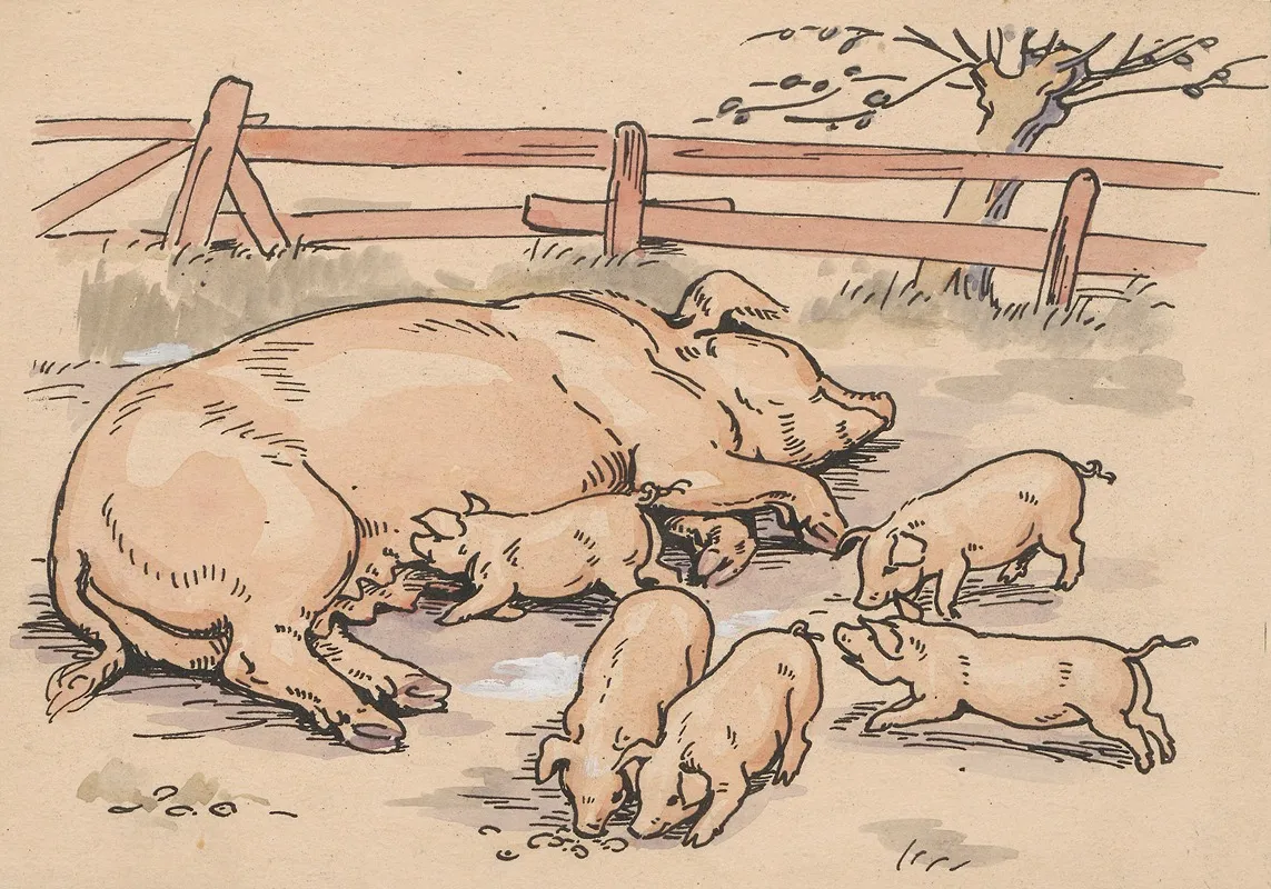 Sow And Piglets In Enclosure