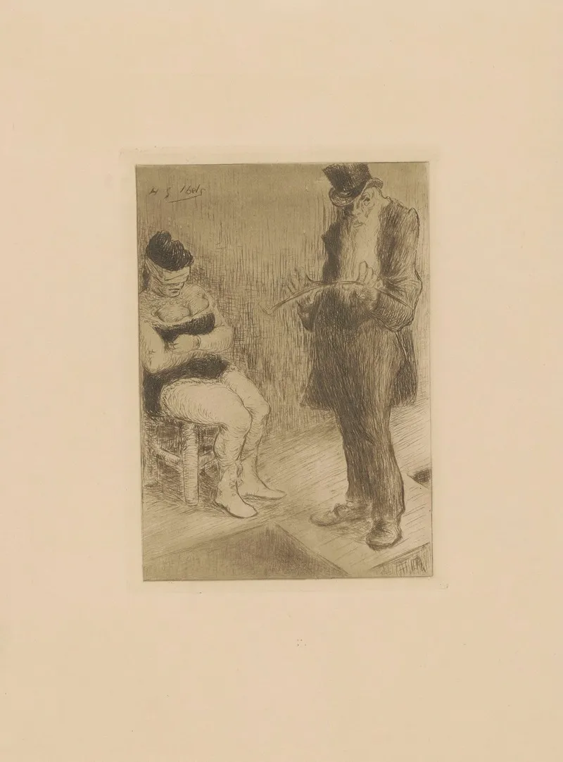 Spectacle Femme Aux Yeux Bandes Et Homme En Chapeau Haut De Forme Tenant Une Badine 2