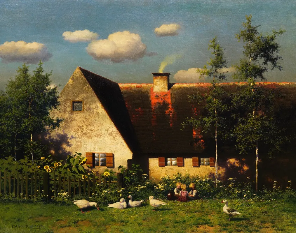 Spielende Kinder Und Ganse Vor Dem Bauernhof by Paul Wilhelm Keller-Reutlingen - Canvas Print