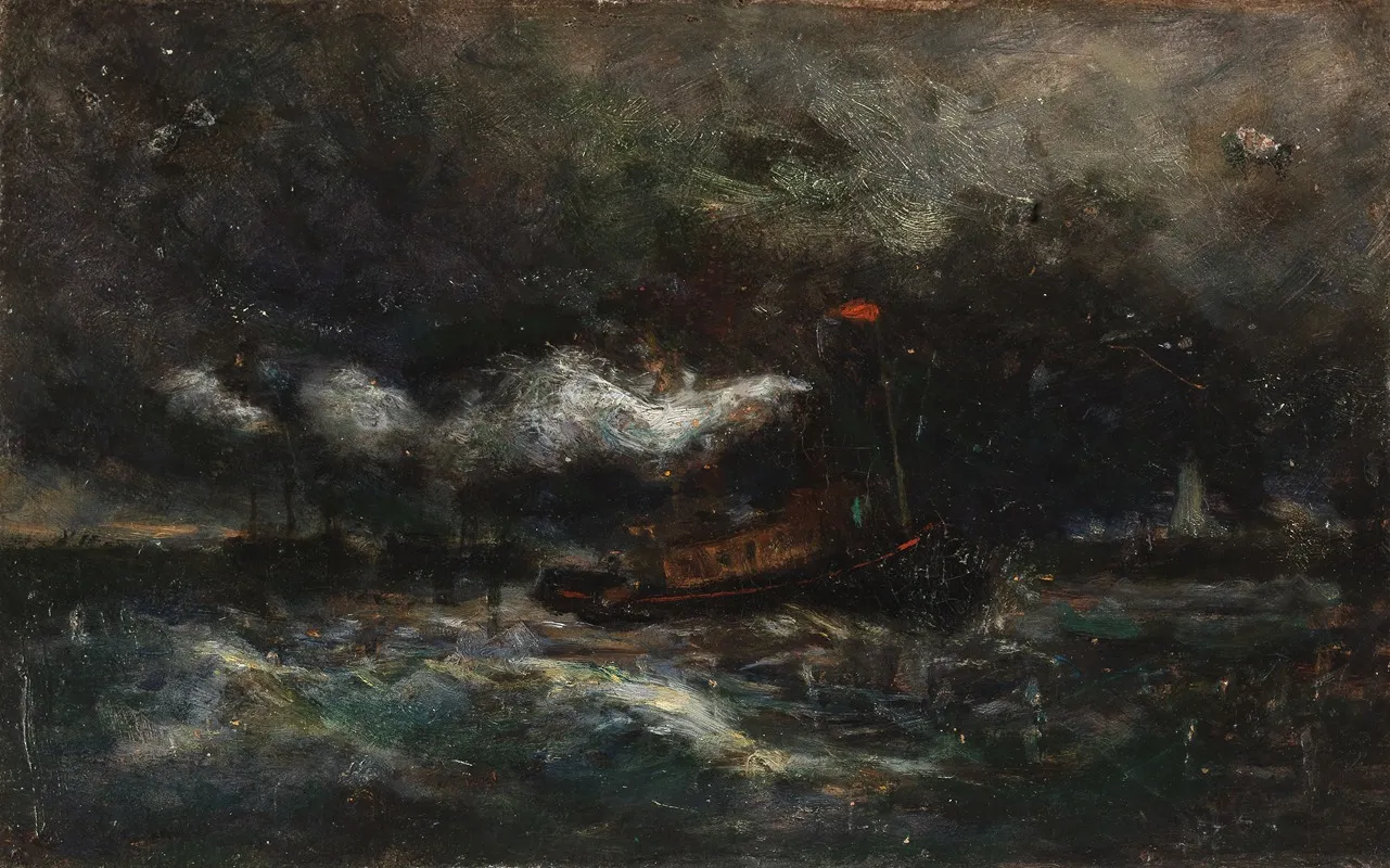 Squall Brenton Light Boat In Storm_lighthouse In Background