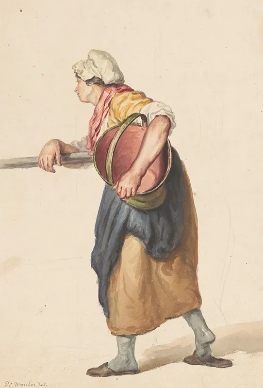 Staande Vrouw Met Een Emmer Onder De Arm