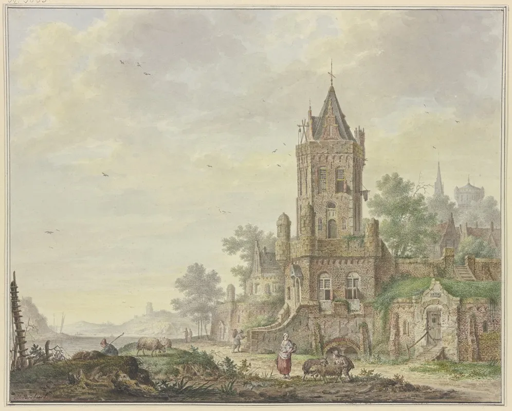 Stadt Mit Einem Alten Turm Am Wasser Vorne Eine Frau Bei Einem Knaben Mit Zwei Schafen
